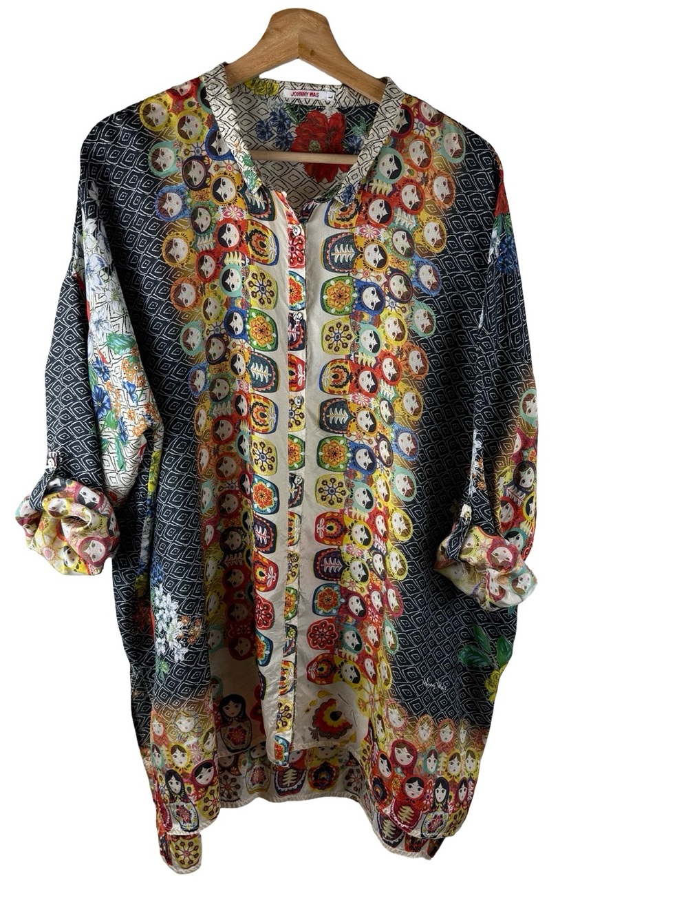 Johnny Was Babette Nesting Dolls 100% Silk Blouse Top Tunic L OVERSIZED - Picture 5 of 8